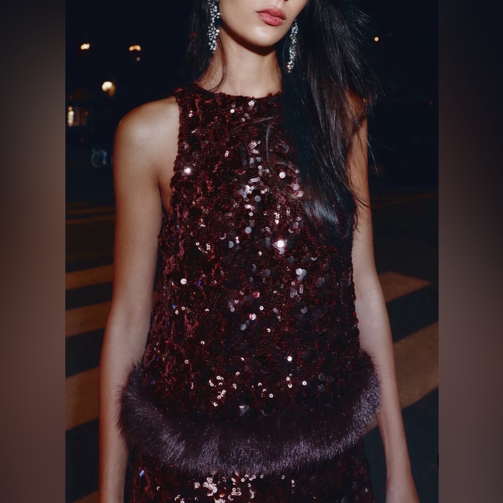 Zara Sequin Top With Faux Fur Hem